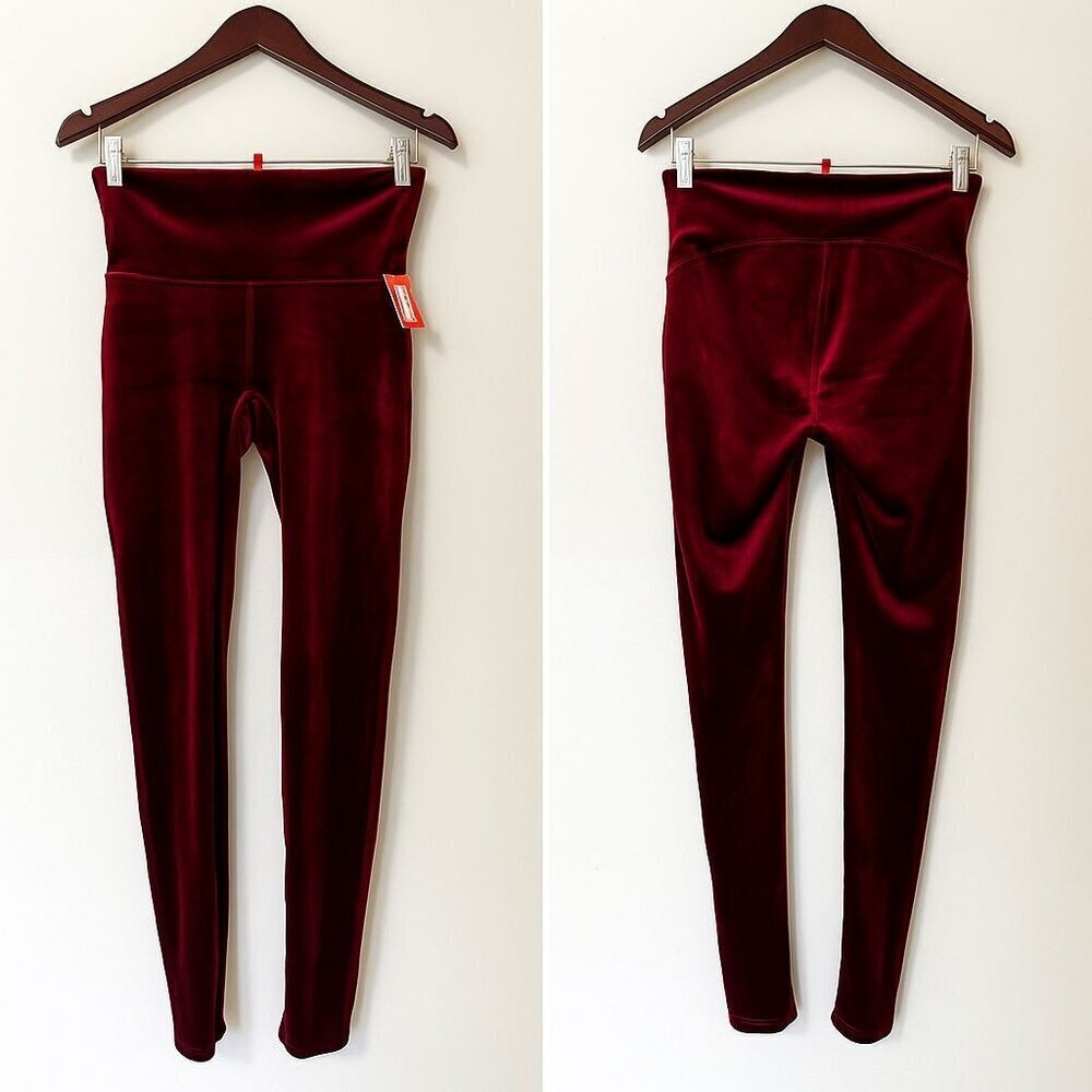 SPANX Womens Velvet Flat Front Leggings Size LARGE Rich Burgundy 2070